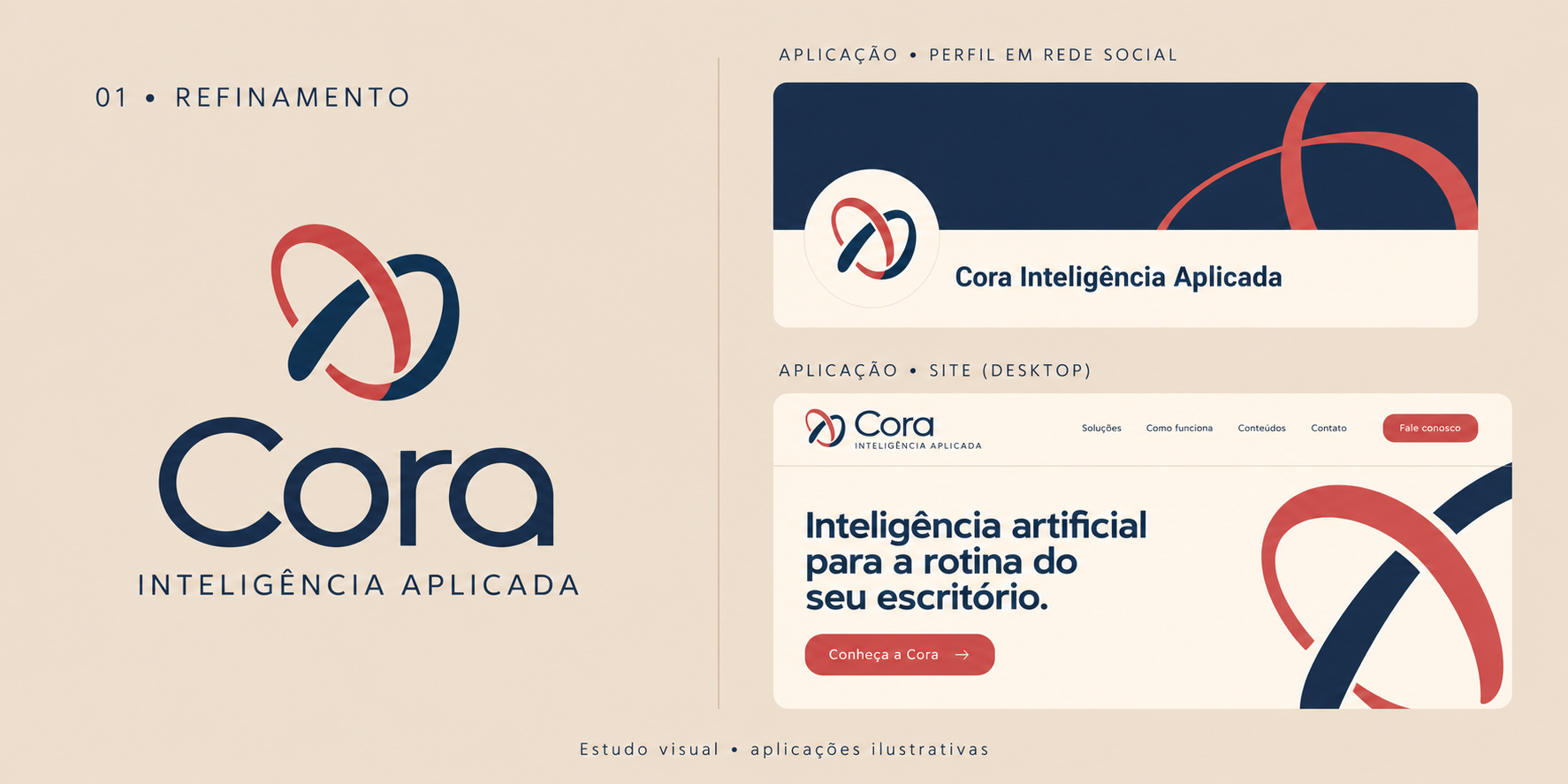 Identidade da Cora: entrelaçamento em coral e azul sobre fundo nude
